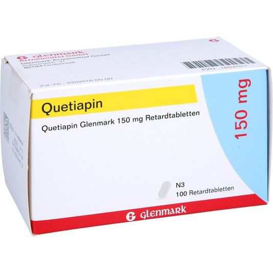 Das Produktfoto zeigt Quetiapin Glenmark 150 Mg Retardtabletten (100 stk) PZN 16031511