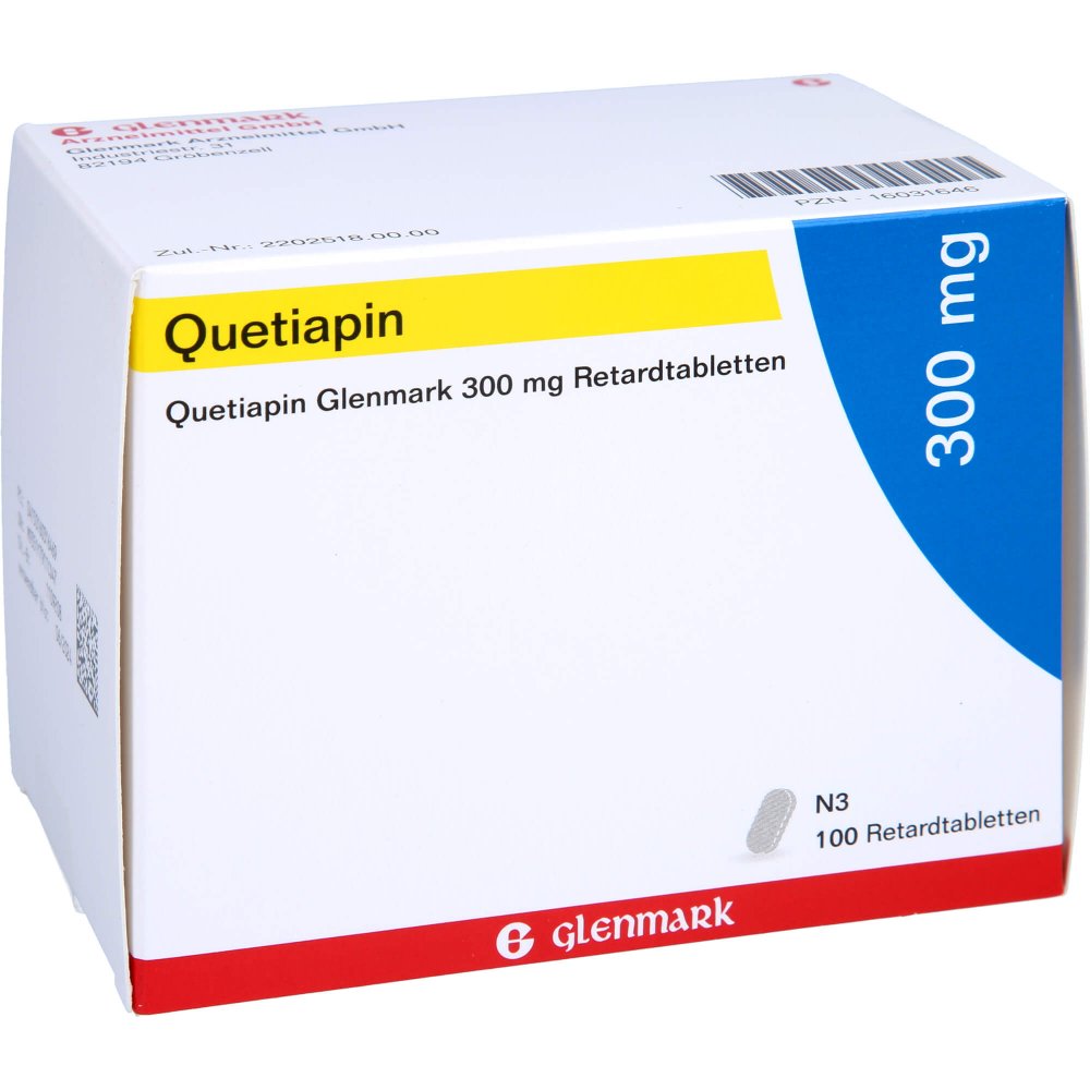 Das Produktfoto zeigt Quetiapin Glenmark 300 Mg Retardtabletten (100 stk) PZN 16031646