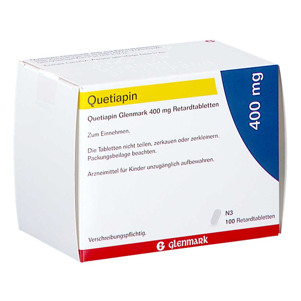 Das Produktfoto zeigt Quetiapin Glenmark 400 Mg Retardtabletten (100 stk) PZN 16031675