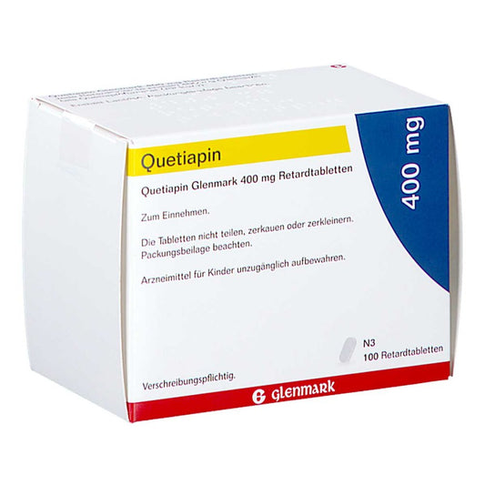Das Produktfoto zeigt Quetiapin Glenmark 400 Mg Retardtabletten (100 stk) PZN 16031675