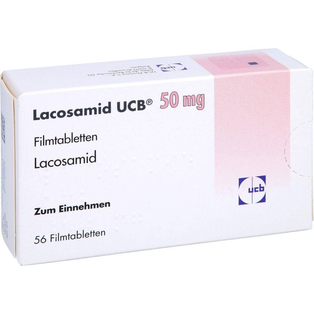 Das Produktfoto zeigt Lacosamid Ucb 50 Mg Filmtabletten (56 stk) PZN 16031712