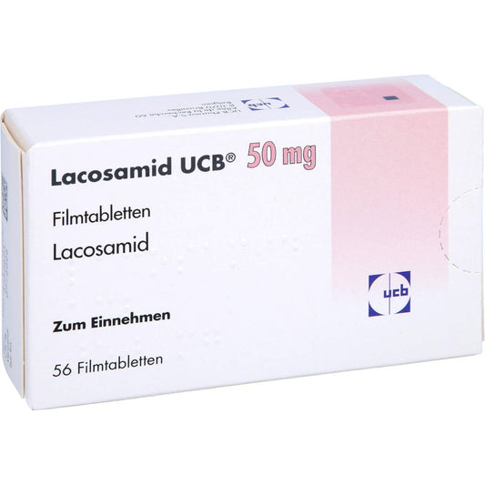 Das Produktfoto zeigt Lacosamid Ucb 50 Mg Filmtabletten (56 stk) PZN 16031712