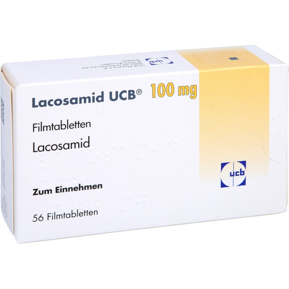 Das Produktfoto zeigt Lacosamid Ucb 100 Mg Filmtabletten (56 stk) PZN 16031741