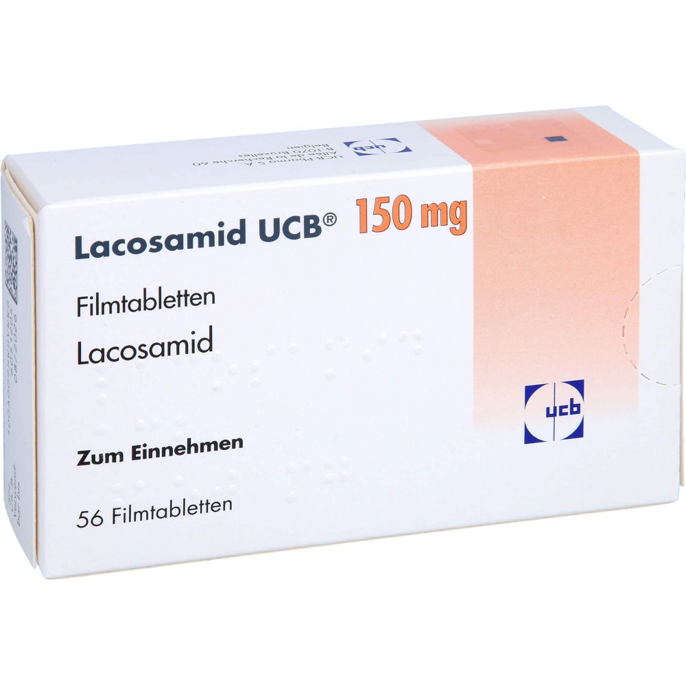 Das Produktfoto zeigt Lacosamid Ucb 150 Mg Filmtabletten (56 stk) PZN 16031764