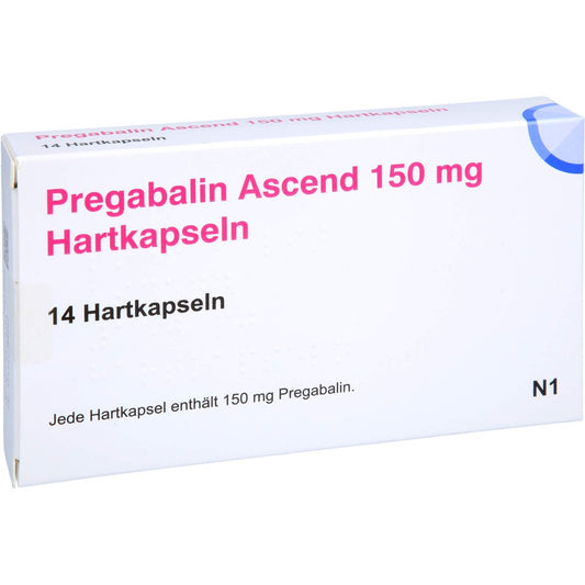 Das Produktfoto zeigt Pregabalin Ascend 150 Mg Hartkapseln (14 stk) PZN 16042420