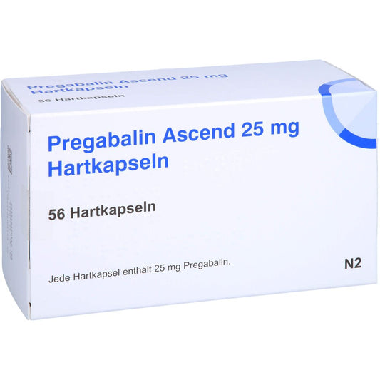 Das Produktfoto zeigt Pregabalin Ascend 25 Mg Hartkapseln (56 stk) PZN 16042532