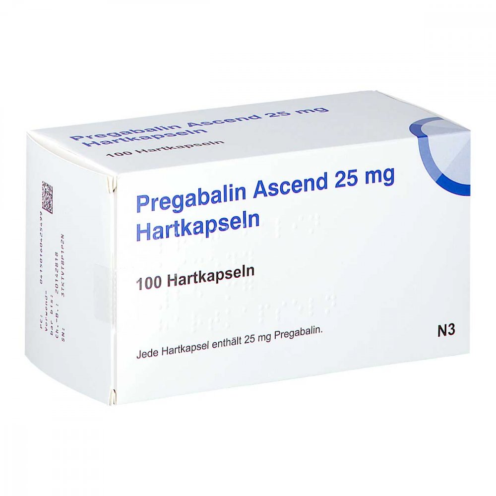 Das Produktfoto zeigt Pregabalin Ascend 25 Mg Hartkapseln (100 stk) PZN 16042549