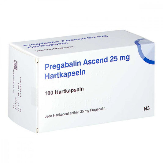 Das Produktfoto zeigt Pregabalin Ascend 25 Mg Hartkapseln (100 stk) PZN 16042549