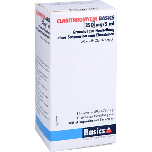 Das Produktfoto zeigt Clarithromycin Basics 250 Mg/5 Ml Gra.Susp.-Herst. (100 ml) PZN 16045358