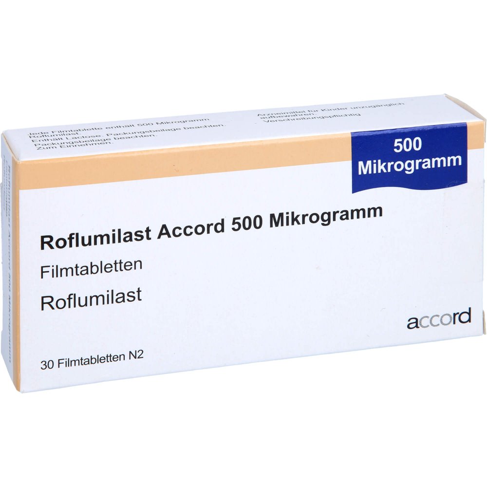 Das Produktfoto zeigt Roflumilast Accord 500 Mikrogramm Filmtabletten (30 stk) PZN 16120657