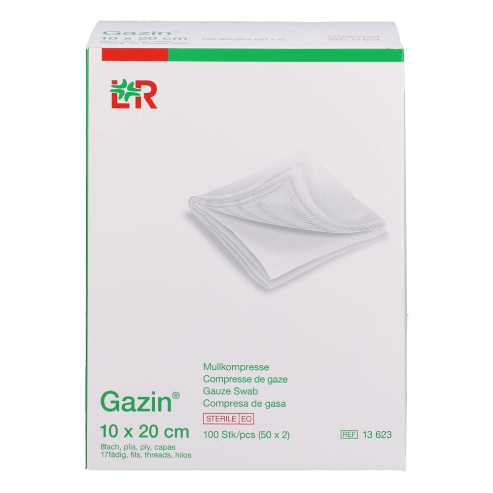 Das Produktfoto zeigt Gazin Mullkomp.10x20 Cm Steril 8fach (50X2 stk) PZN 16123354