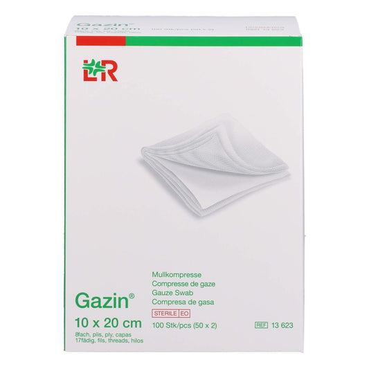Das Produktfoto zeigt Gazin Mullkomp.10x20 Cm Steril 8fach (50X2 stk) PZN 16123354