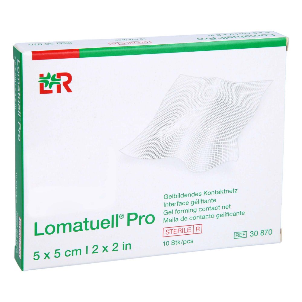 Das Produktfoto zeigt Lomatuell Pro 5x5 Cm Steril (10 stk) PZN 16123443