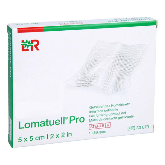 Das Produktfoto zeigt Lomatuell Pro 5x5 Cm Steril (10 stk) PZN 16123443