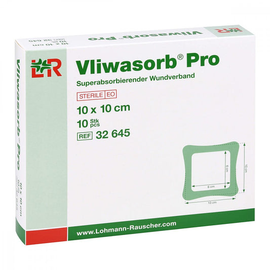 Das Produktfoto zeigt Vliwasorb Pro Superabsorb.Komp.Steril 10x10 Cm (10 stk) PZN 16123785