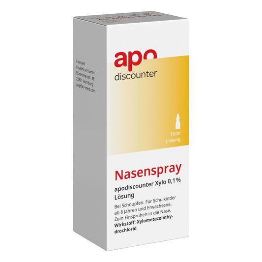Das Produktfoto zeigt Xylometazolin 0,1% Nasenspray Apo-Discounter (10 ml) PZN 16124098