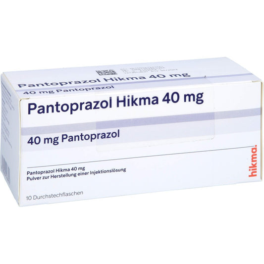 Das Produktfoto zeigt Pantoprazol Hikma 40 Mg Pulver Z.Herst.E.Inj.-Lsg. (10 stk) PZN 16130176