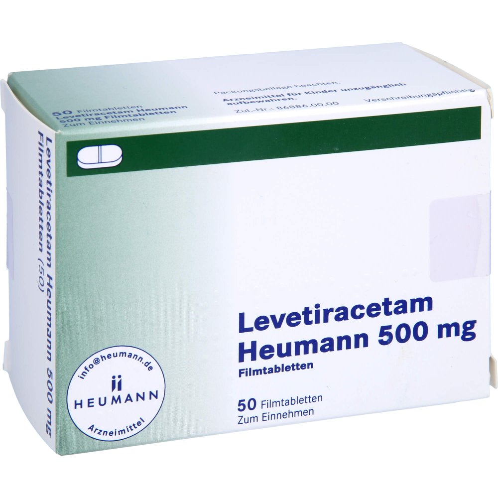 Das Produktfoto zeigt Levetiracetam Heumann 500 Mg Filmtabletten (50 stk) PZN 16138574