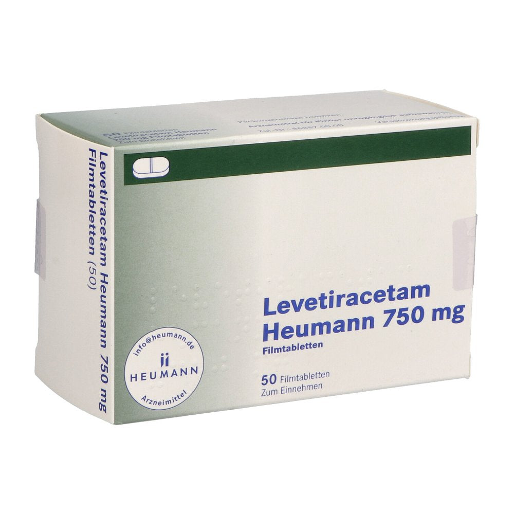 Das Produktfoto zeigt Levetiracetam Heumann 750 Mg Filmtabletten (50 stk) PZN 16138611