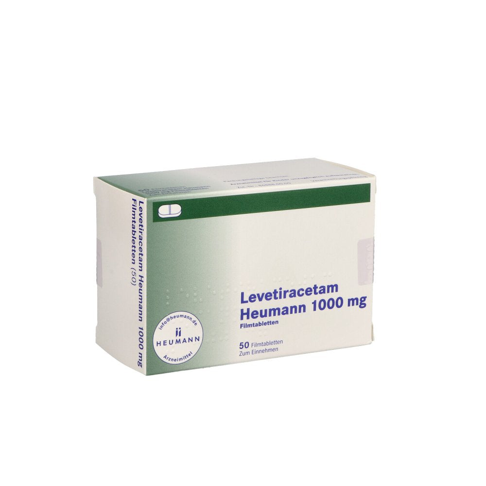 Das Produktfoto zeigt Levetiracetam Heumann 1000 Mg Filmtabletten (50 stk) PZN 16138640