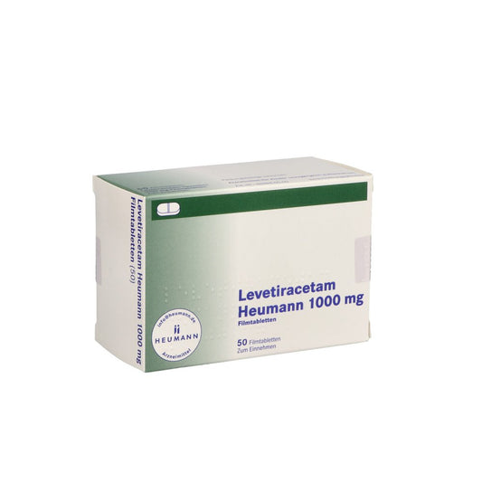 Das Produktfoto zeigt Levetiracetam Heumann 1000 Mg Filmtabletten (50 stk) PZN 16138640