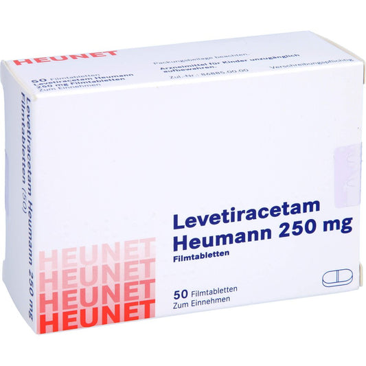 Das Produktfoto zeigt Levetiracetam Heumann 250 Mg Filmtabletten Net (50 stk) PZN 16139071