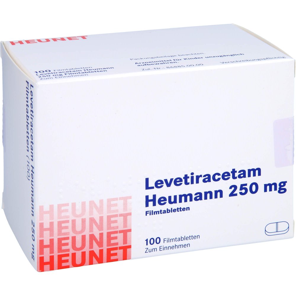 Das Produktfoto zeigt Levetiracetam Heumann 250 Mg Filmtabletten Net (100 stk) PZN 16139088