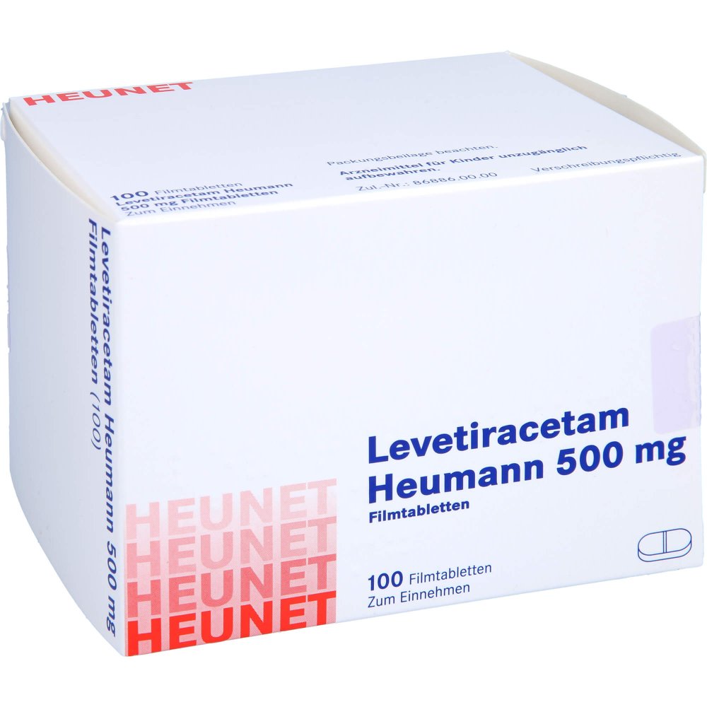 Das Produktfoto zeigt Levetiracetam Heumann 500 Mg Filmtabletten Net (100 stk) PZN 16139119