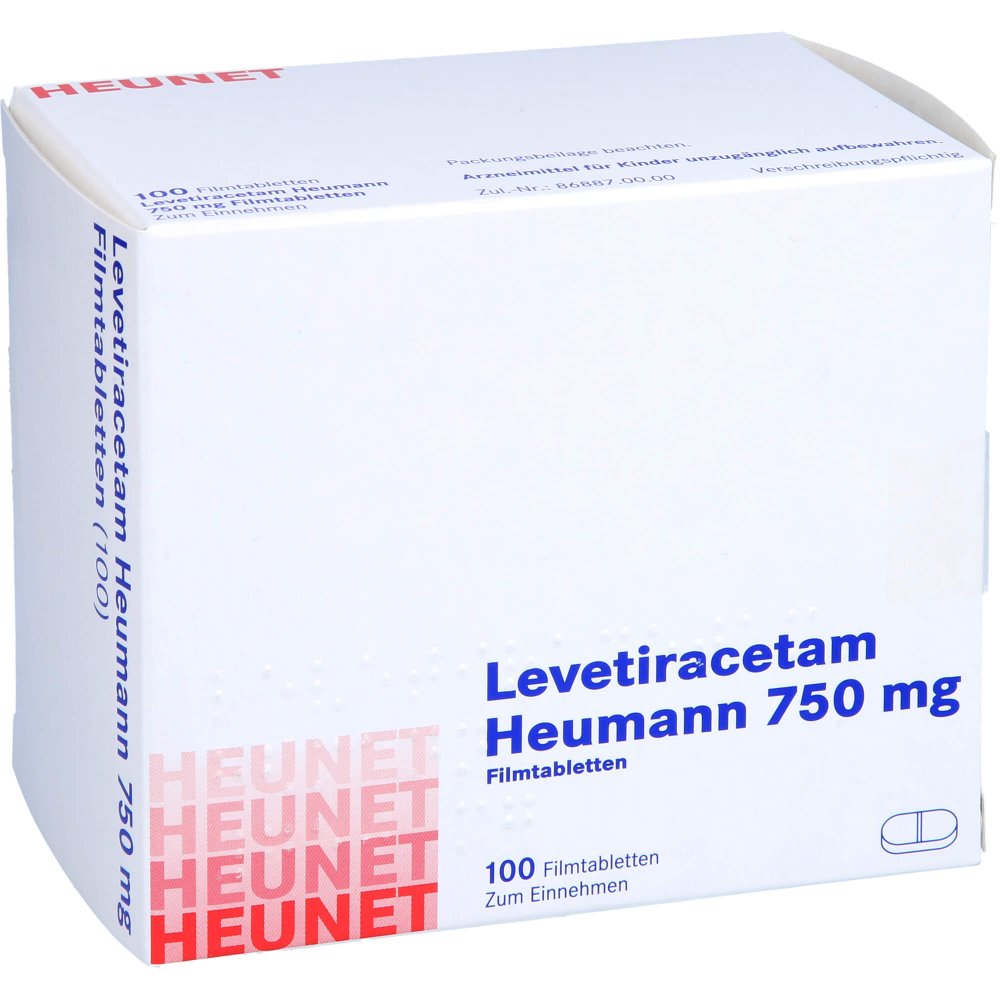 Das Produktfoto zeigt Levetiracetam Heumann 750 Mg Filmtabletten Net (100 stk) PZN 16139148