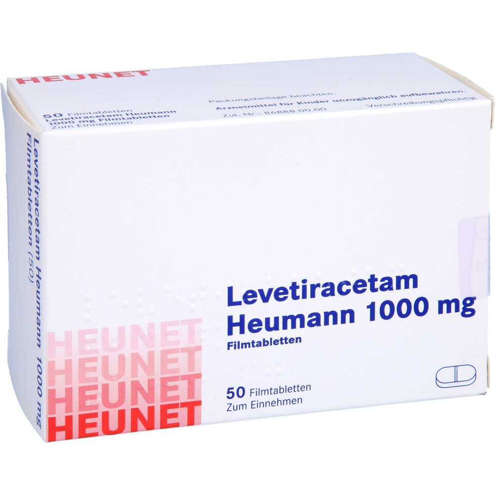 Das Produktfoto zeigt Levetiracetam Heumann 1000 Mg Filmtabletten Net (50 stk) PZN 16139160