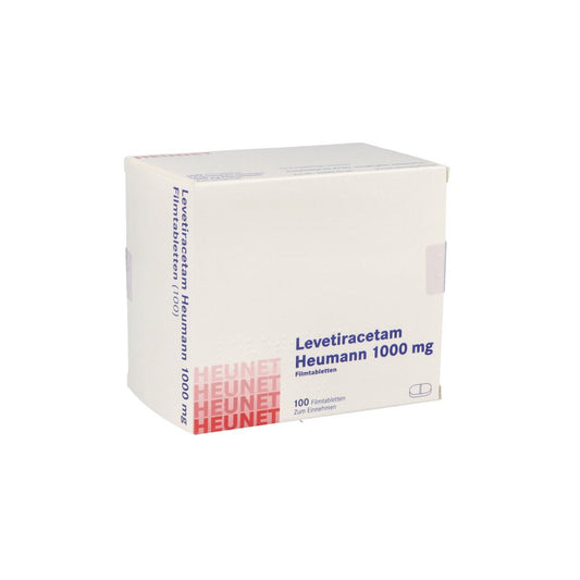 Das Produktfoto zeigt Levetiracetam Heumann 1000 Mg Filmtabletten Net (100 stk) PZN 16139177