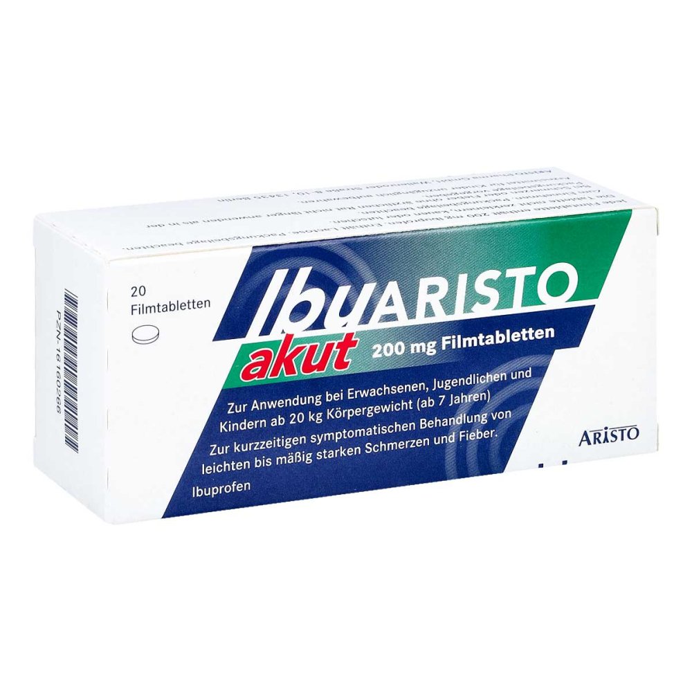Das Produktfoto zeigt Ibuaristo Akut 200 Mg Filmtabletten (20 stk) PZN 16160266