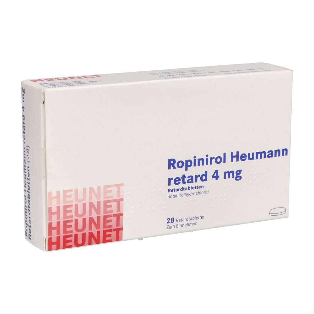 Das Produktfoto zeigt Ropinirol Heumann Retard 4 Mg Retardtabl.Heunet (28 stk) PZN 16198464