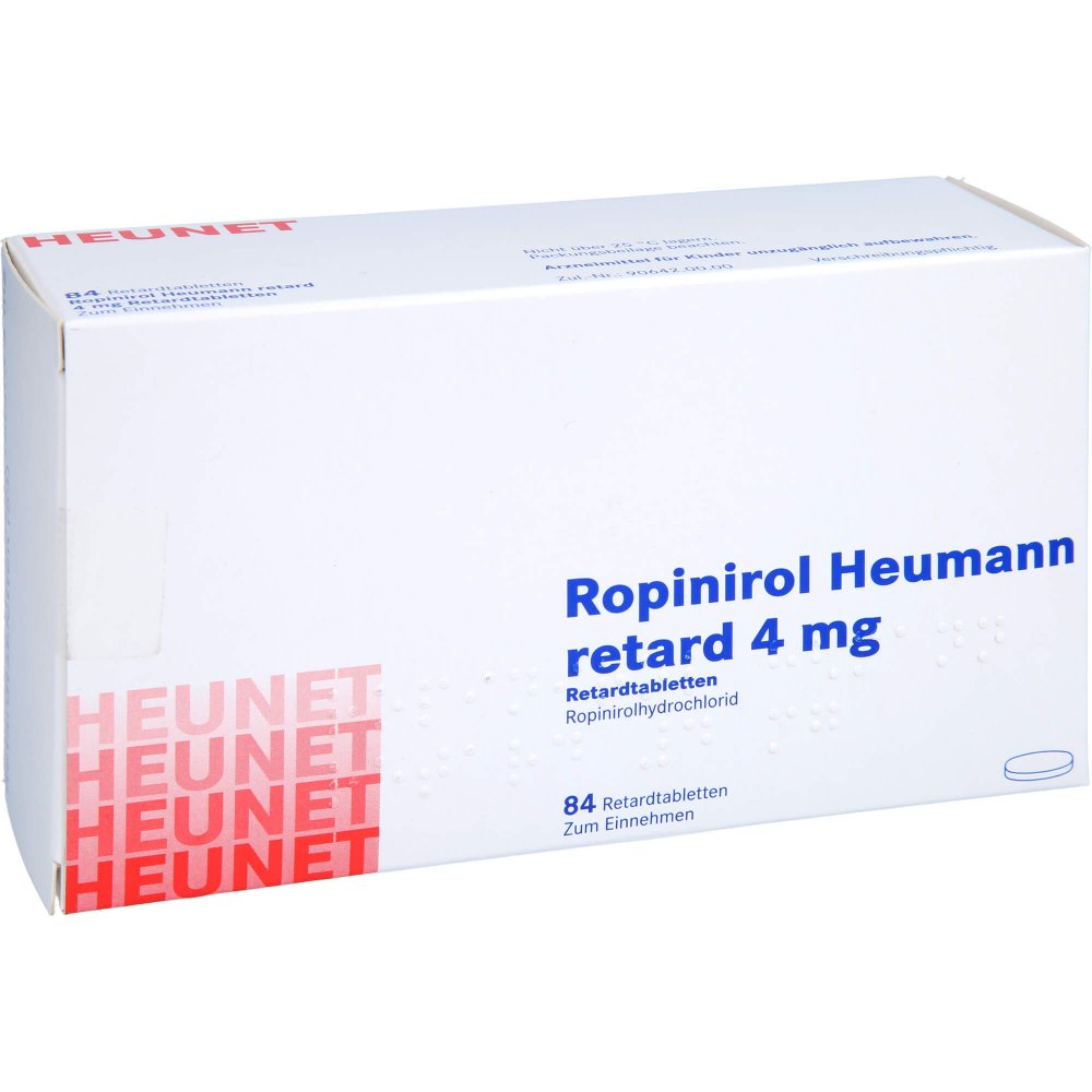 Das Produktfoto zeigt Ropinirol Heumann Retard 4 Mg Retardtabl.Heunet (84 stk) PZN 16198501