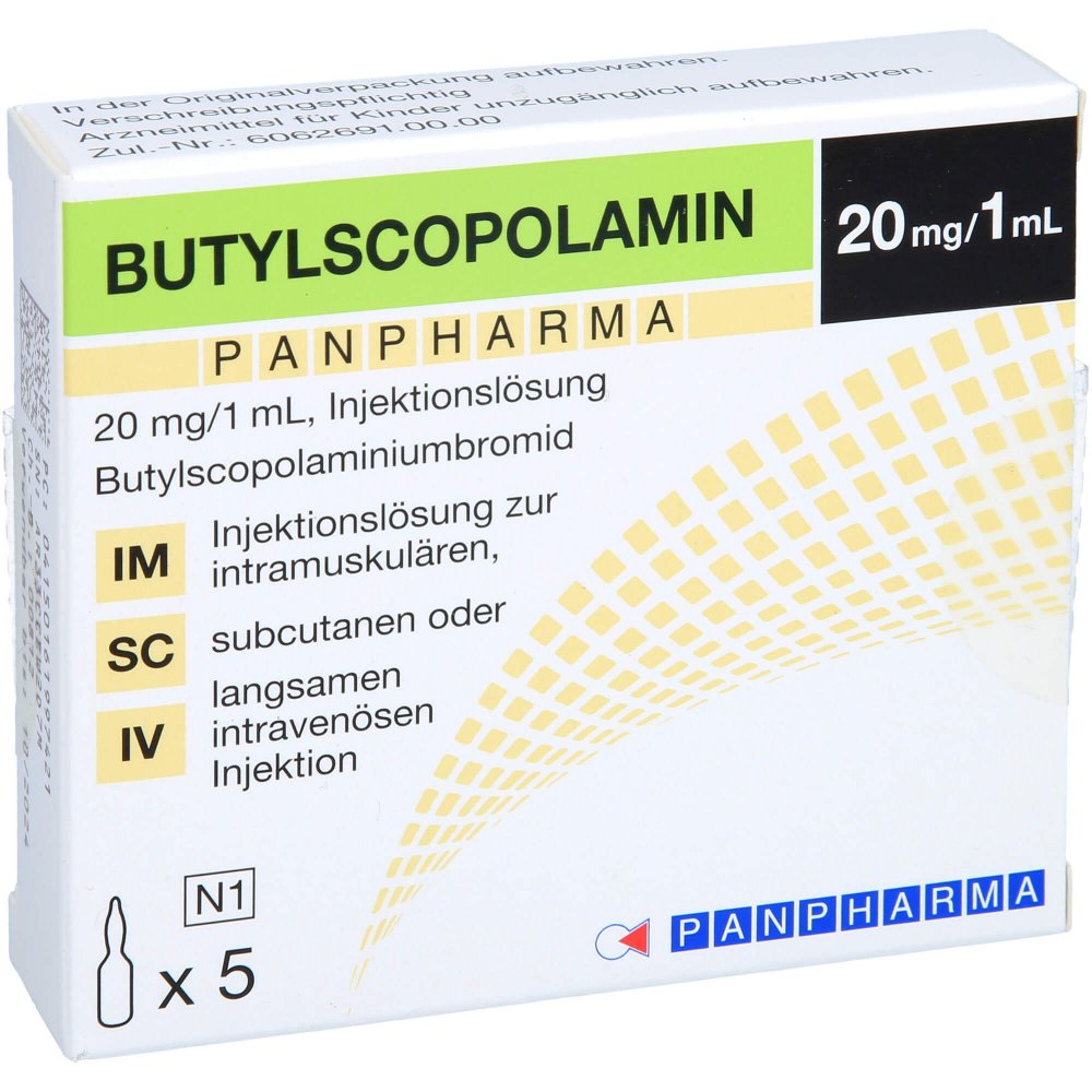 Das Produktfoto zeigt Butylscopolamin Panpharma 20 Mg/1 Ml Inj.-Lsg. (5X1 ml) PZN 16199742