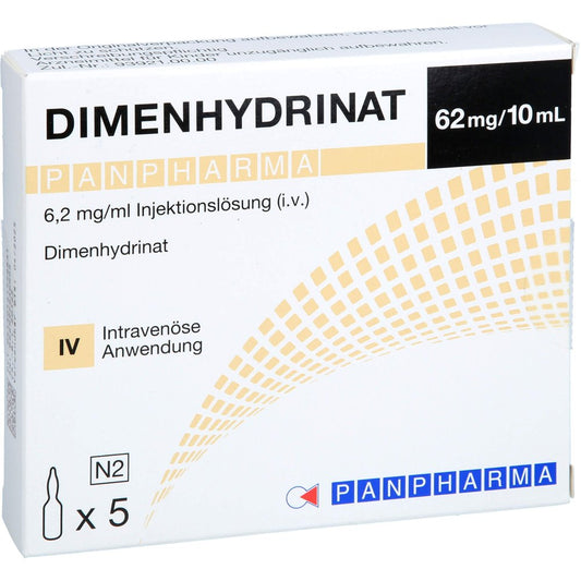 Das Produktfoto zeigt Dimenhydrinat Panpharma 6,2 Mg/Ml Inj.-Lsg. I.V. (5X10 ml) PZN 16199883