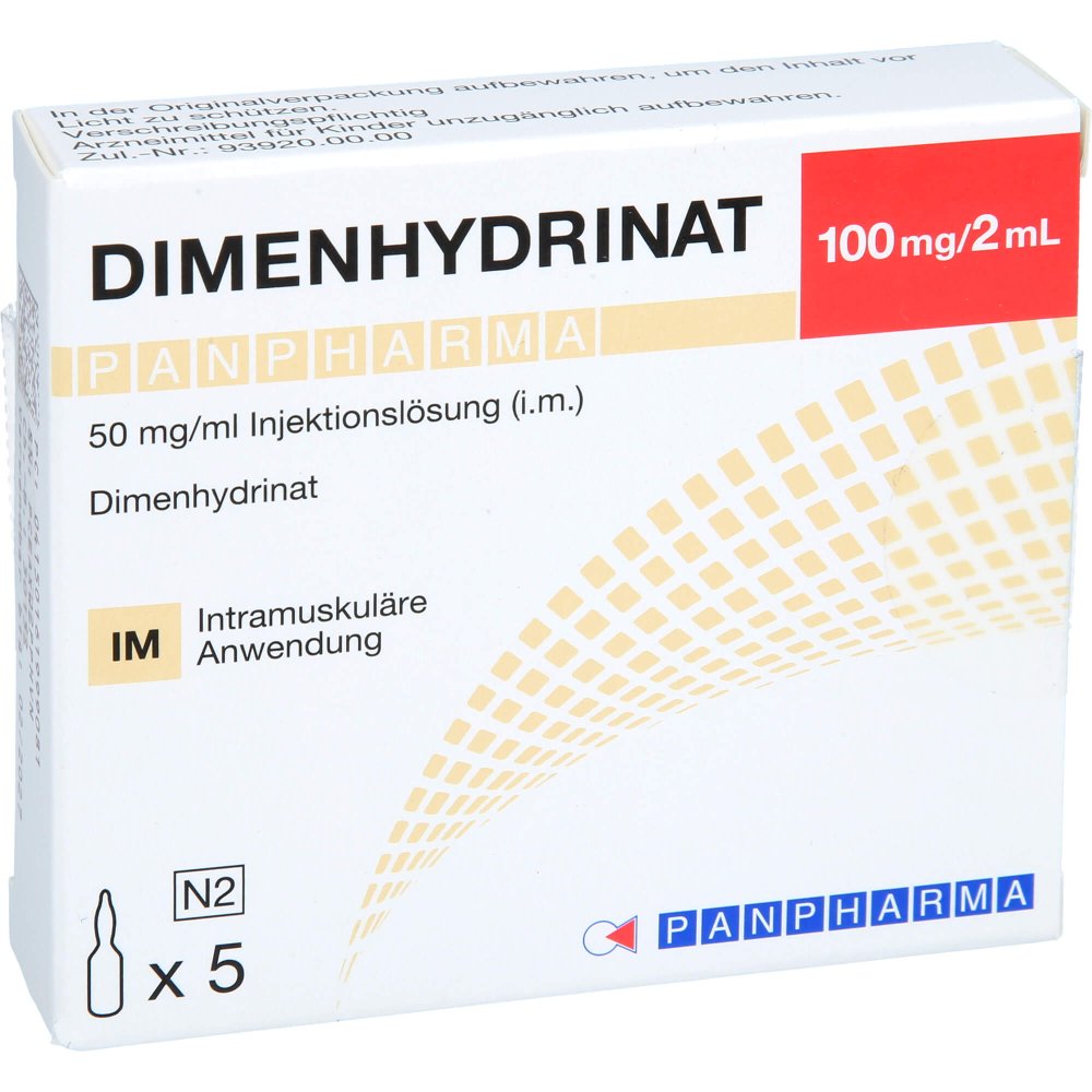 Das Produktfoto zeigt Dimenhydrinat Panpharma 50 Mg/Ml Inj.-Lsg. I.M. (5X2 ml) PZN 16199908