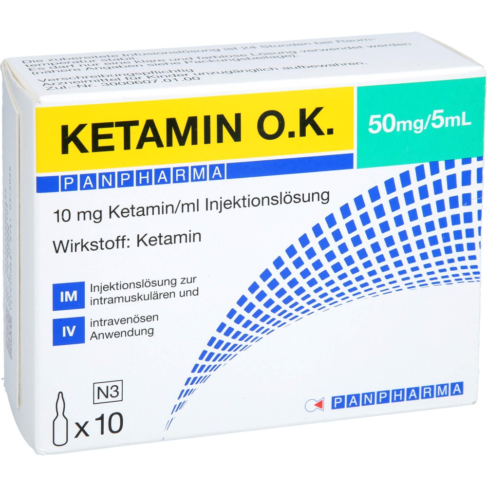 Das Produktfoto zeigt Ketamin Panpharma 50 Mg/5 Ml O.K. Inj.-Lsg.Amp. (10 stk) PZN 16200149