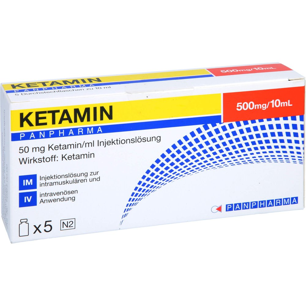 Das Produktfoto zeigt Ketamin Panpharma 500 Mg/10 Ml Inj.-Lösung Dsfl. (5 stk) PZN 16200161