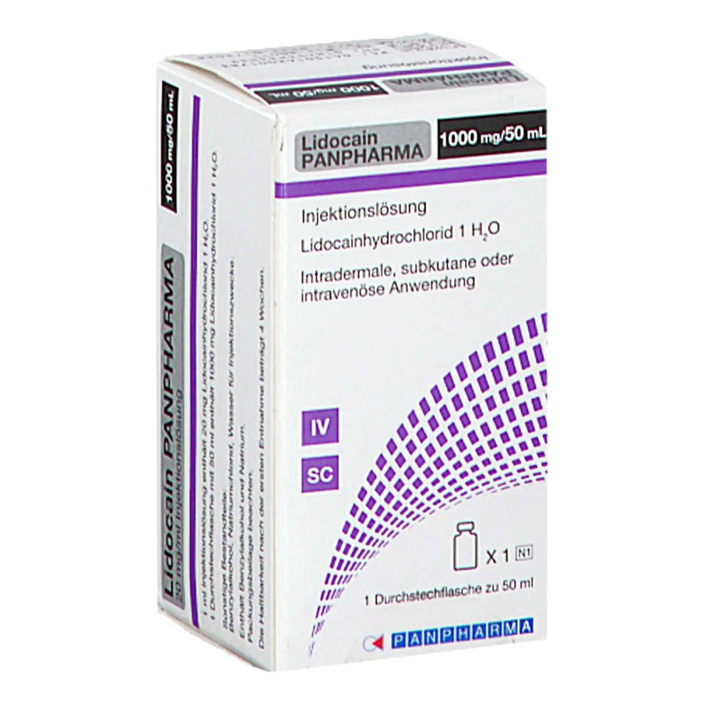 Das Produktfoto zeigt Lidocain Panpharma 20 Mg/Ml Inj.-Lsg.Dsfl. (50 ml) PZN 16200178