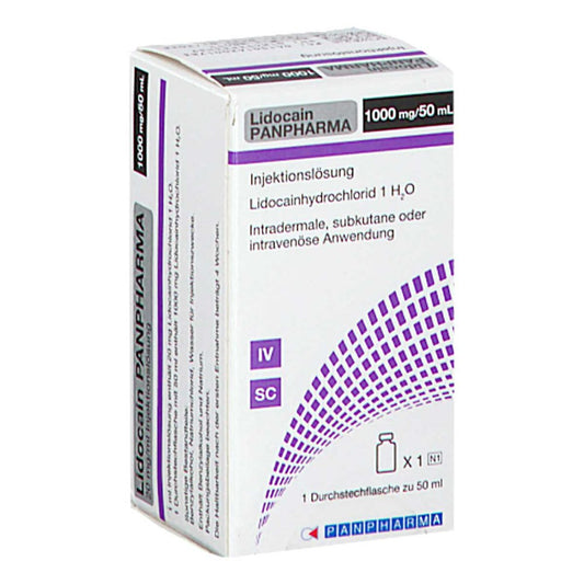 Das Produktfoto zeigt Lidocain Panpharma 20 Mg/Ml Inj.-Lsg.Dsfl. (50 ml) PZN 16200178