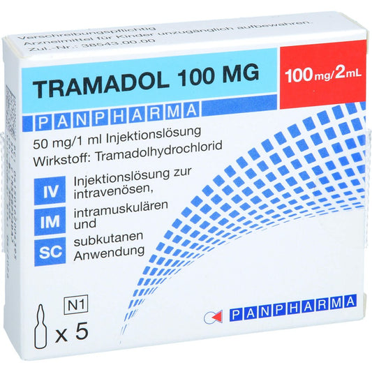 Das Produktfoto zeigt Tramadol Panpharma 100 Mg/2 Ml Injektionslösung (5X2 ml) PZN 16200439