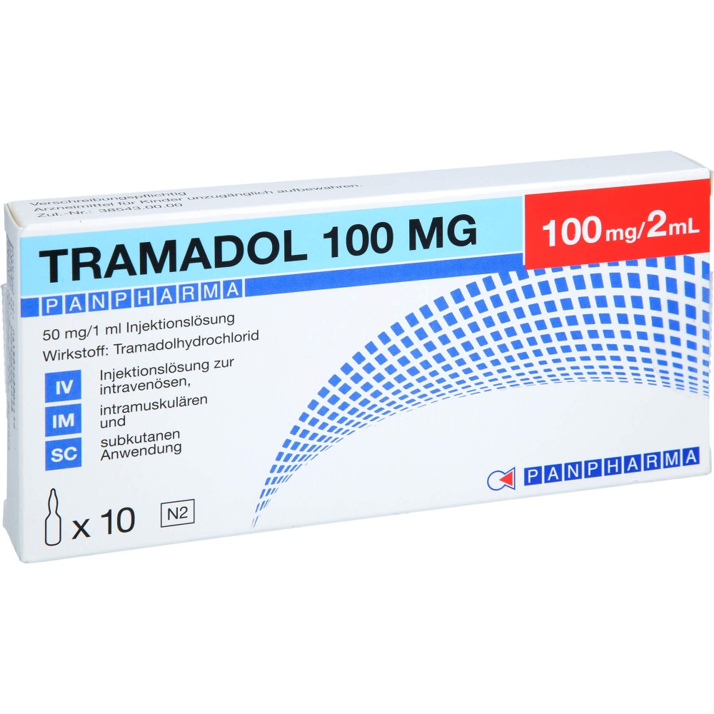 Das Produktfoto zeigt Tramadol Panpharma 100 Mg/2 Ml Injektionslösung (10X2 ml) PZN 16200445