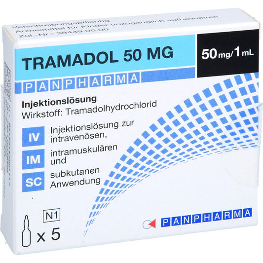Das Produktfoto zeigt Tramadol Panpharma 50 Mg/1 Ml Injektionslösung (5X1 ml) PZN 16200451