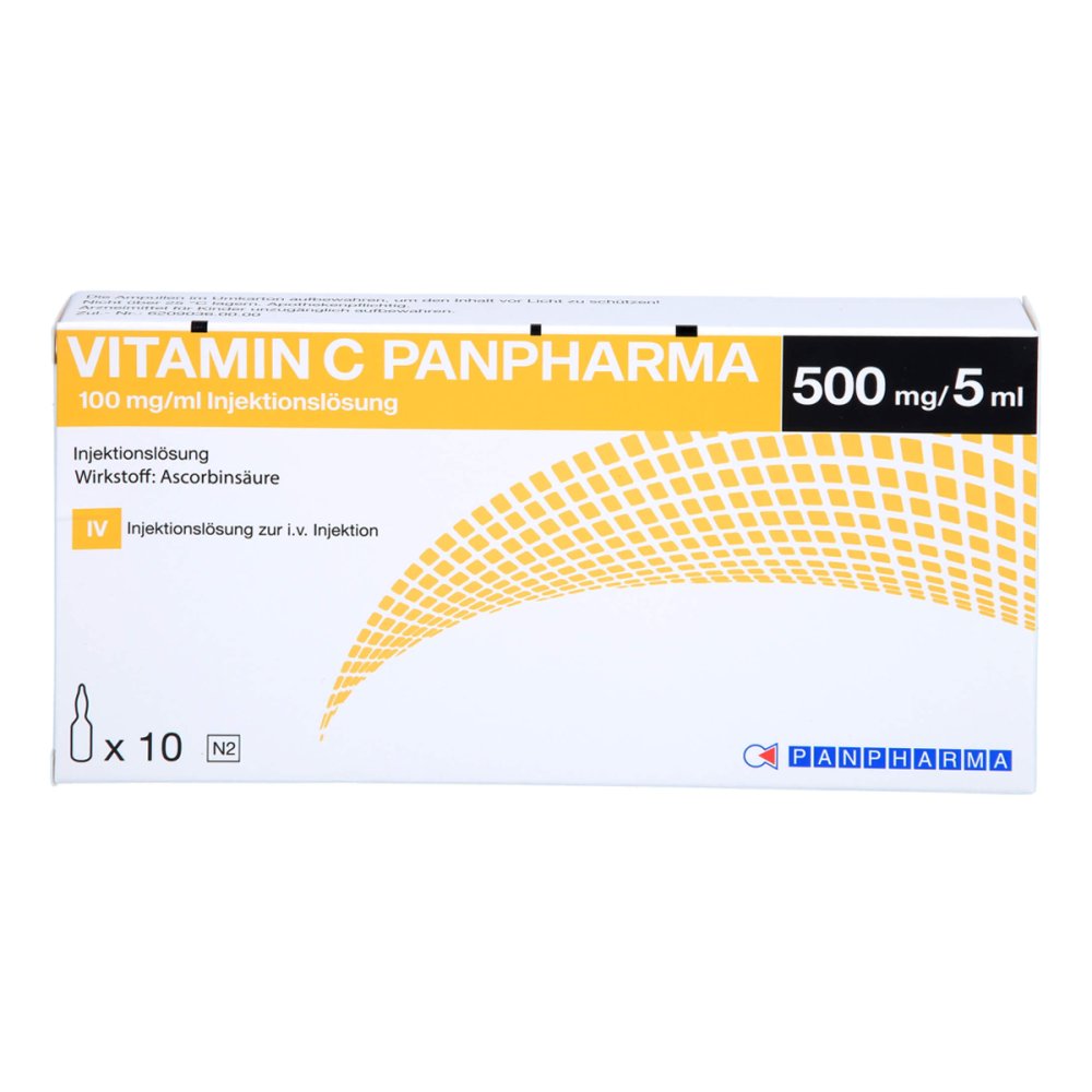 Das Produktfoto zeigt Vitamin C Panpharma 100 Mg/Ml Injektionslösung (10X5 ml) PZN 16200474