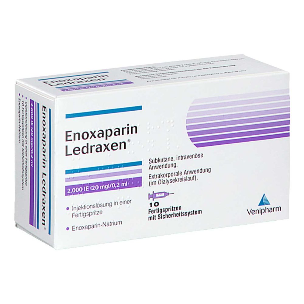 Das Produktfoto zeigt Enoxaparin Ledraxen 2.000 I.E. 20mg/0,2ml Ife (10 stk) PZN 16203053