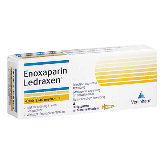 Das Produktfoto zeigt Enoxaparin Ledraxen 4.000 I.E. 40mg/0,4ml Ife (2 stk) PZN 16203107