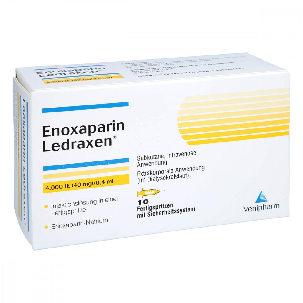 Das Produktfoto zeigt Enoxaparin Ledraxen 4.000 I.E. 40mg/0,4ml Ife (10 stk) PZN 16203113