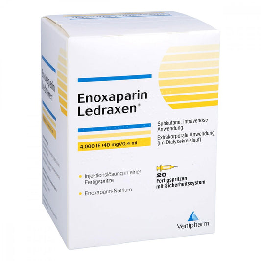 Das Produktfoto zeigt Enoxaparin Ledraxen 4.000 I.E. 40mg/0,4ml Ife (20 stk) PZN 16203142