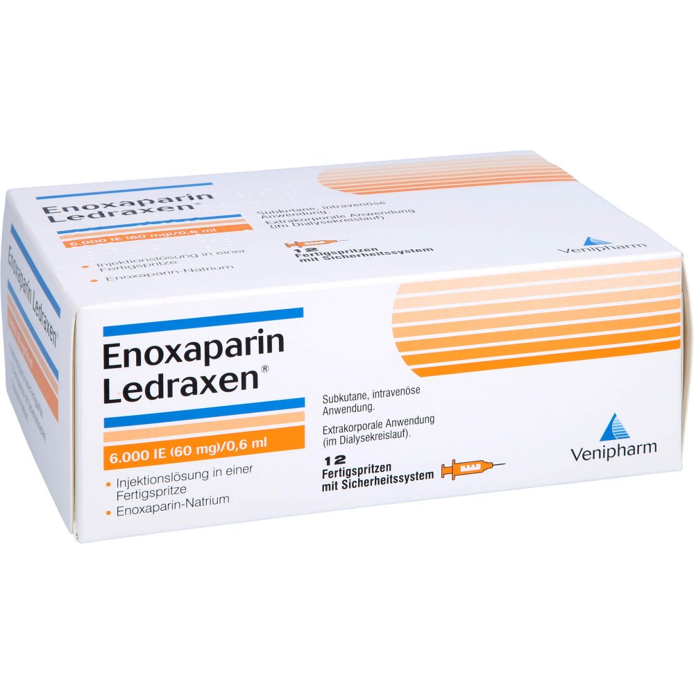 Das Produktfoto zeigt Enoxaparin Ledraxen 6.000 I.E. 60mg/0,6ml Ife (12 stk) PZN 16203171